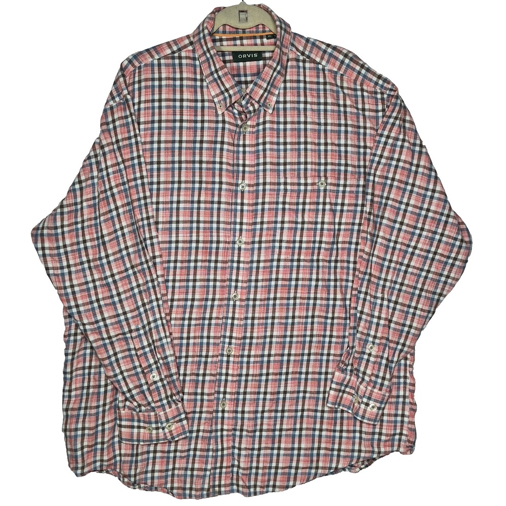 Orvis Long Sleeve Flannel Shirt Men's XL Classic Fit Red Blue Gray Plaid